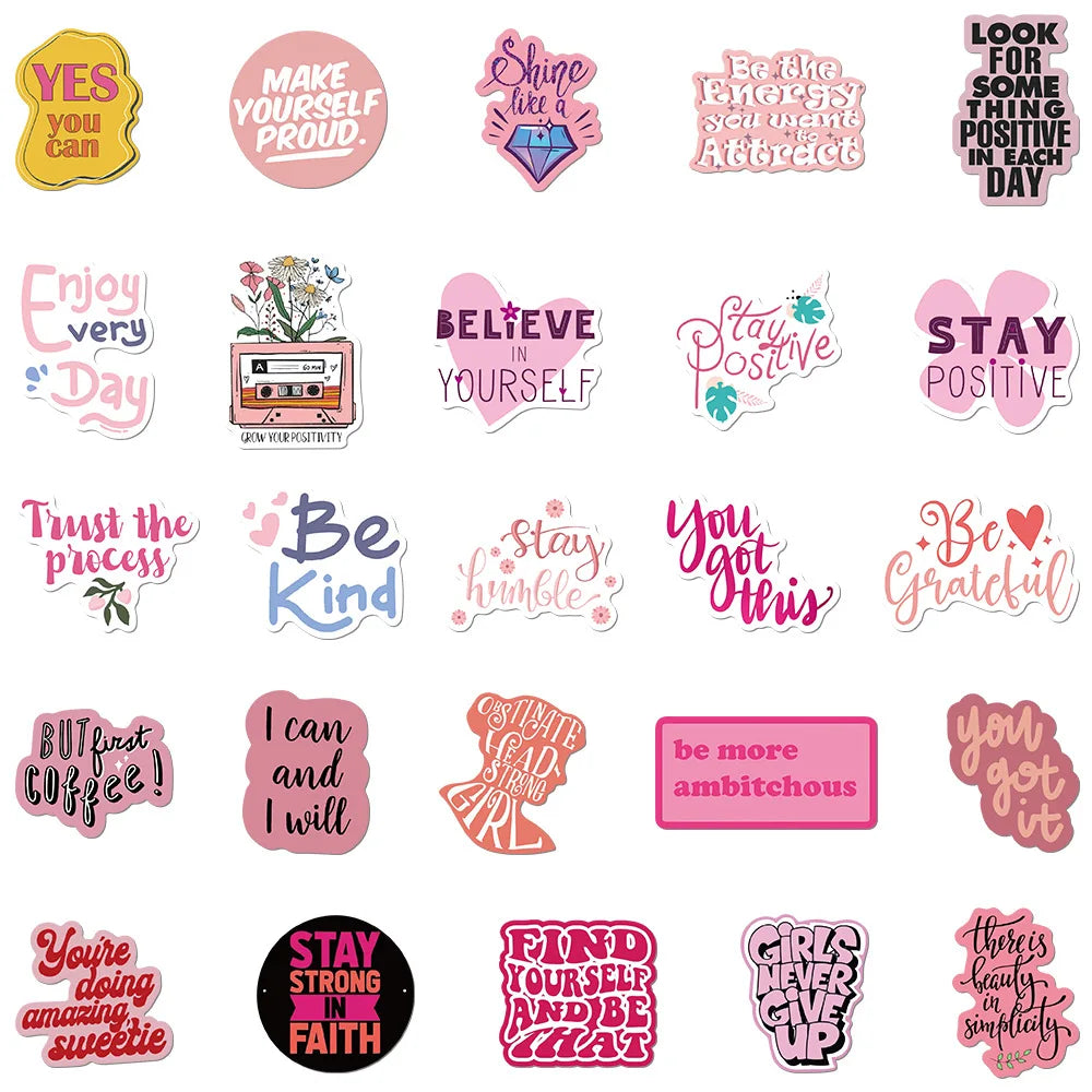 10/50Pcs Cute Pink Inspirational Graffiti Stickers Quote Motivational Phrase Decals Notebook Laptop Phone Aesthetic Decoration (Online Order Only)