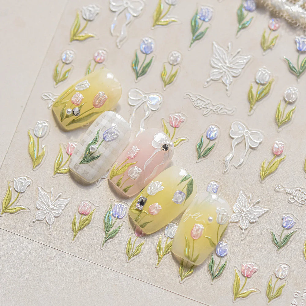 Cute  Pink Blue Nature Tulip Star Heart Butterfly Peach Blossom Jelly Embossed Relief Adhesive Nail Art Stickers Manicure Decals (ONLINE ORDER ONLY)