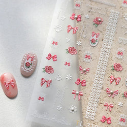 French Chic Mini Pink Rose Flower Bowknot Lace Ribbon Pearl White Little Flower Self Adhesive Nail Art Stickers Manicure Decals (ONLINE ORDER ONLY)