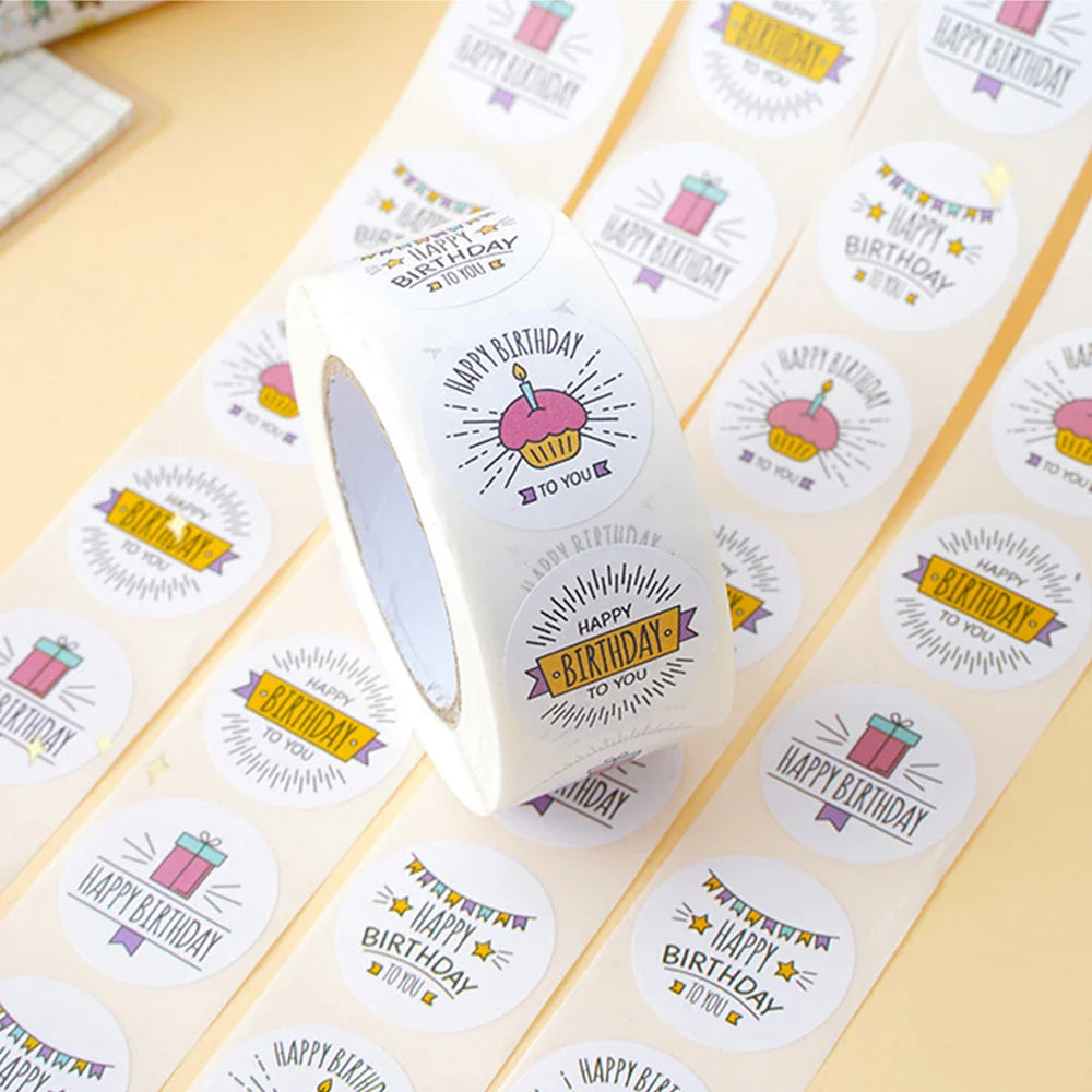 100-500pcs Round Happy birthday Labels Kraft Paper Sticker Candy Bag Flower Gift Box Cake Boxes and Packaging Wedding Stickers (ONLINE ORDER ONLY)