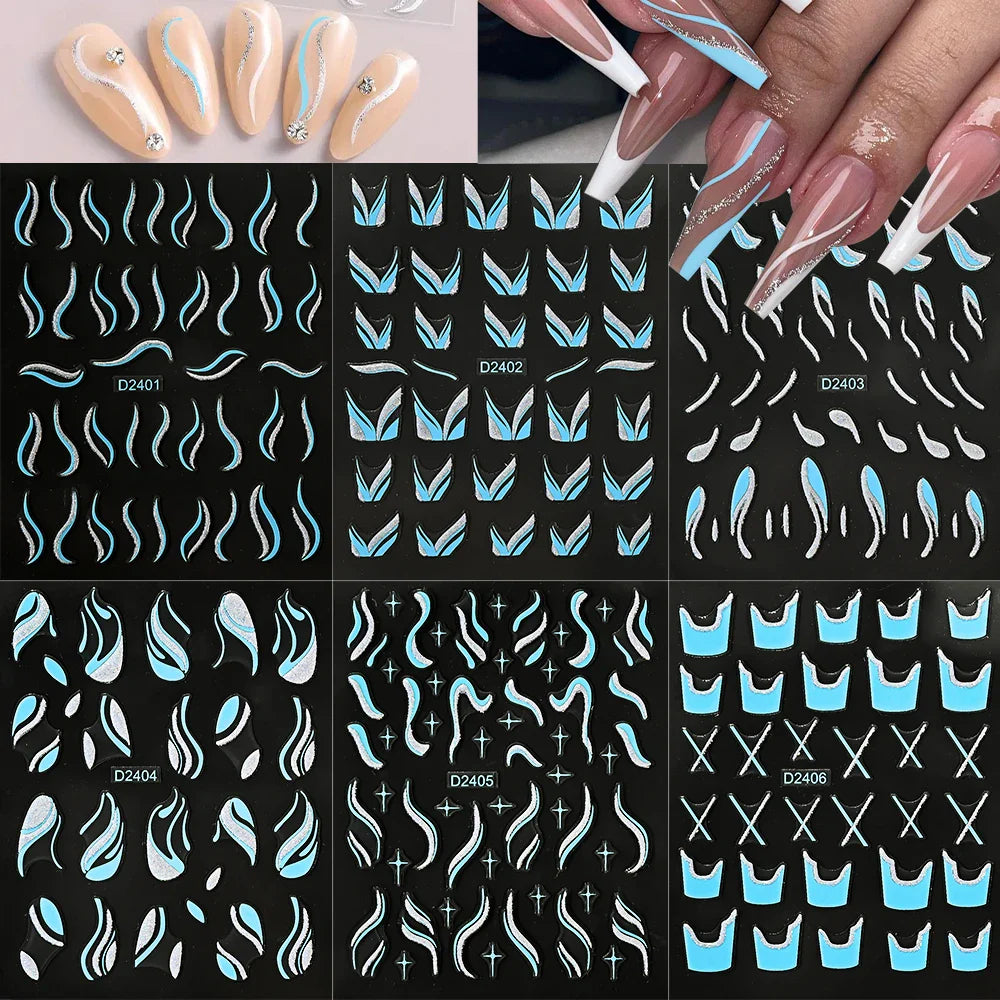 6pcs/Set Blue Gold Glitter French Design 5D Nail Stickers Curve Lines Swirls Wave Nail Sliders Reflective Flakes Decals Manicure (ONLINE ORDER ONLY)