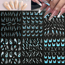 6pcs/Set Blue Gold Glitter French Design 5D Nail Stickers Curve Lines Swirls Wave Nail Sliders Reflective Flakes Decals Manicure (ONLINE ORDER ONLY)