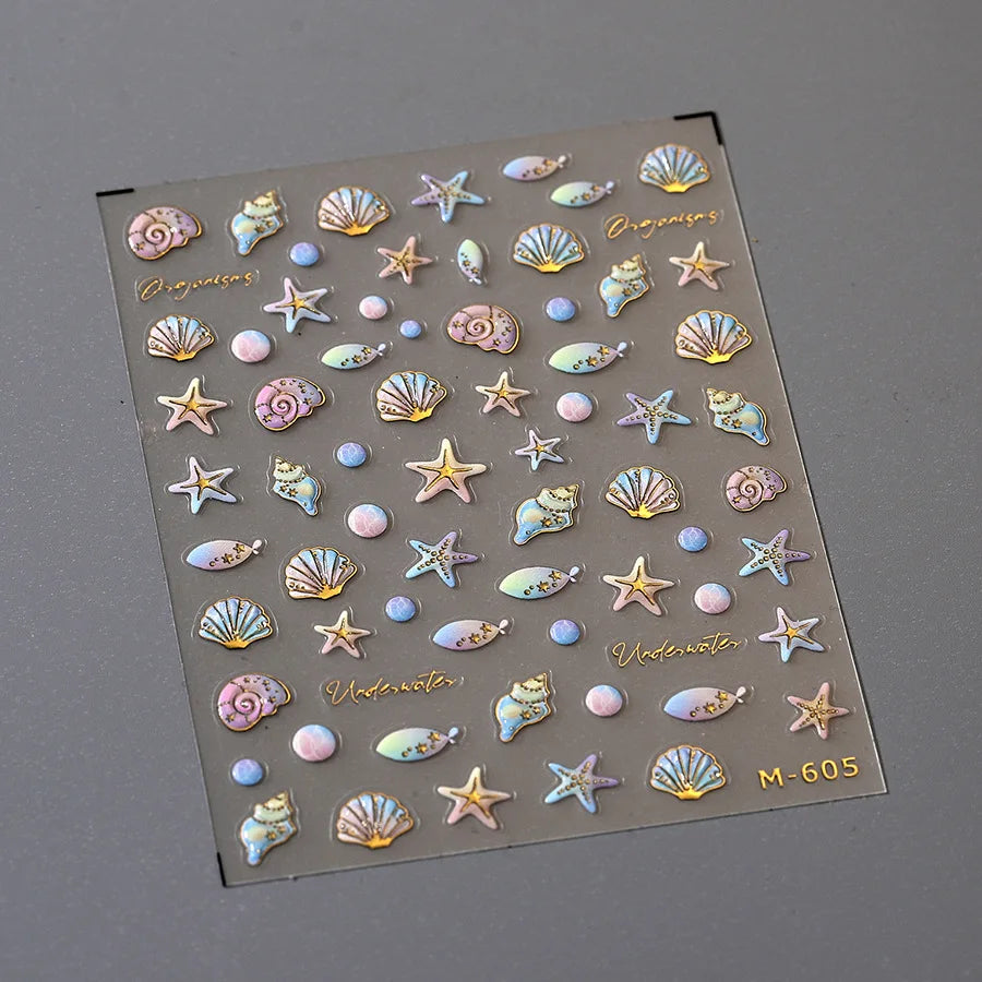Conch Starfish Shell Beach Fish Star Ocean Colorful Water Bubbles Summer Delicate Self Adhesive Nail Art Stickers Manicure Decal (ONLINE ORDER ONLY)