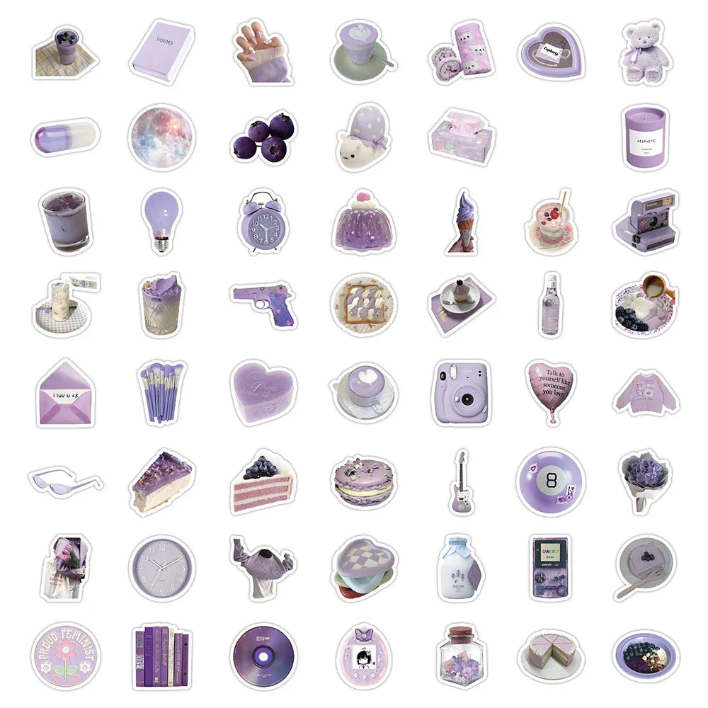 10/30/60PCS Ins Cartoon Purple Stickers Aesthetic Cute Korean Style Cartoon Decals Toys DIY Phone Fridge Laptop Guitar Wall Car (ONLINE ORDER ONLY)