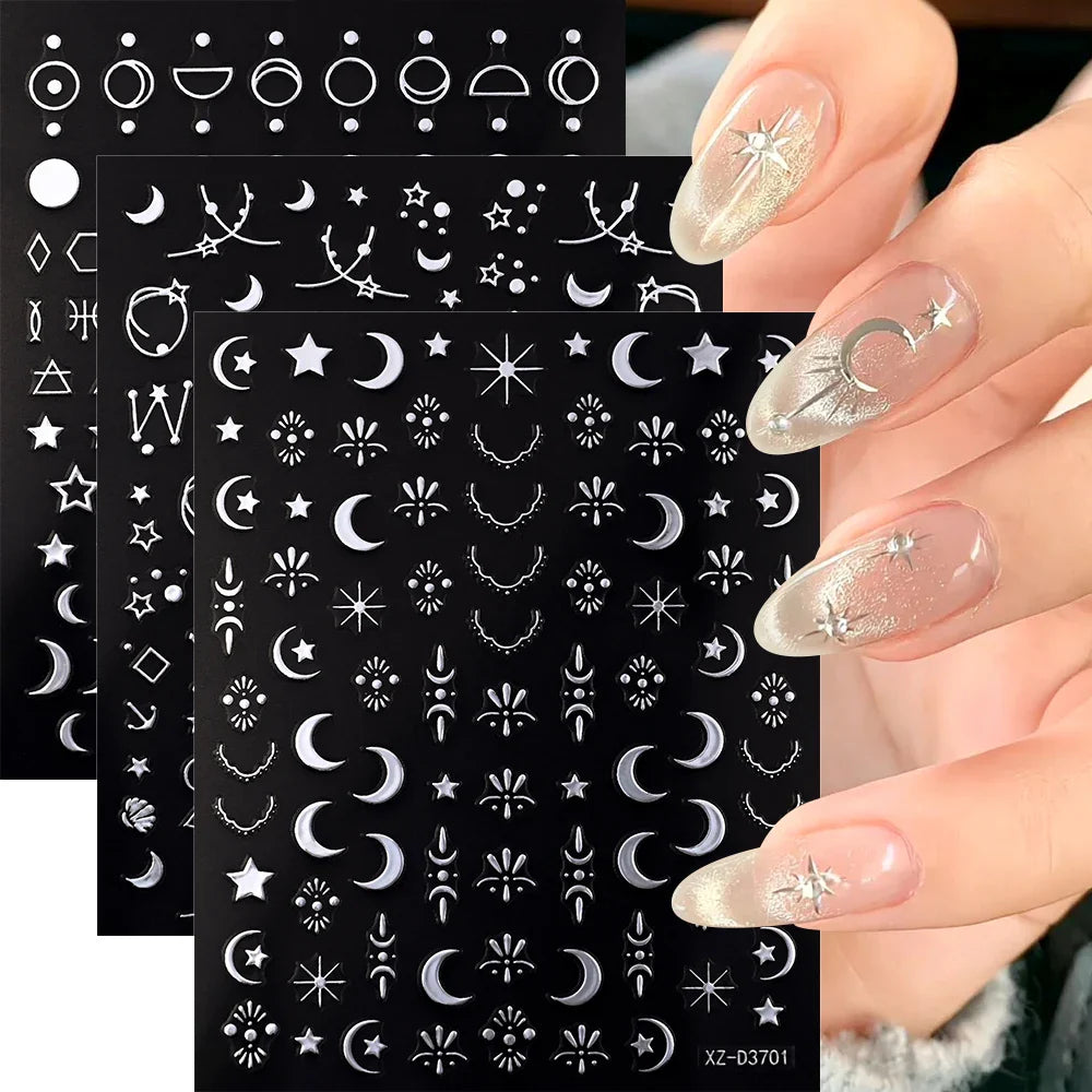1pc 3D Gradient French Nail Stickers with Crown & Tassel Design Gold Silver Lines Self-Adhesive Nail Art Waterfall Manicure Foil (Online Order Only)