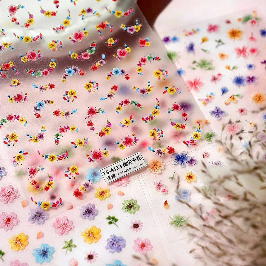 Colorful Dried Flowers Wreath Floral Plant Petal Bud Garden Charming 5D Reliefs Self Adhesive Nail Art Stickers Manicure Decals (Online Order Only)