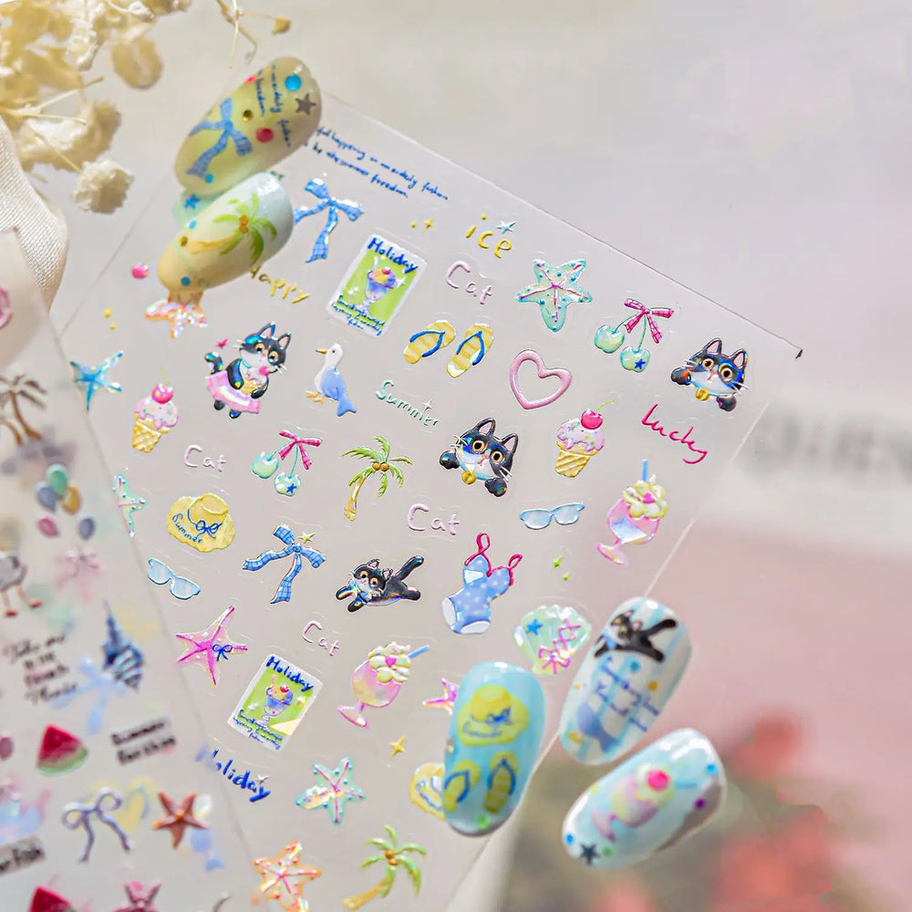 Summer Beach Bikini Watermelon Duck Cat Ice Cream Shell Coconut Tree Cherry Starfish Sunglasses Nail Art Sticker Manicure Decals (ONLINE ORDER ONLY)