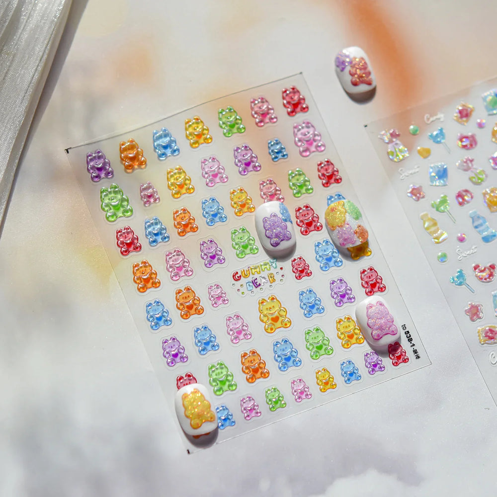 Colourful Jelly Rabbit Bunny Gummy Bear Cute Lollipop Soda Water Candy Snack Pudding Star Heart Nail Art Stickers Manicure Decal (ONLINE ORDER ONLY)