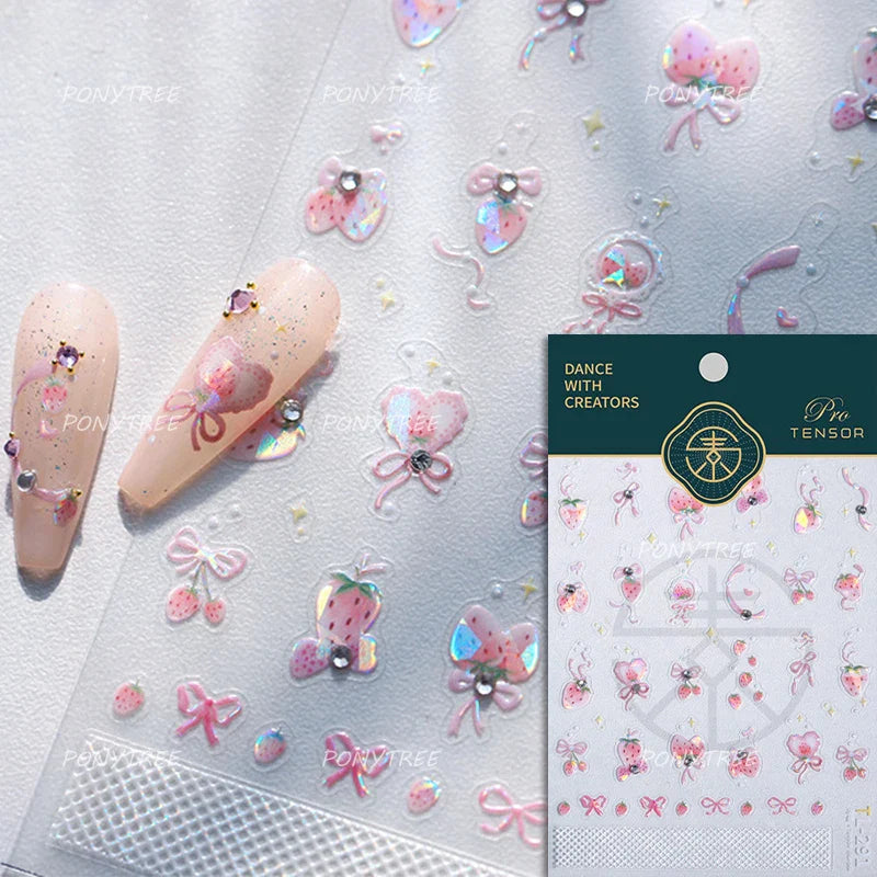 Cute Pink Strawberry Bowknot Star Lesbian Ribbon Fluttering Fruit Rhinestone Relief Adhesive Nail Art Stickers Manicure Decals (ONLINE ORDER ONLY)