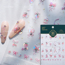 Cute Pink Strawberry Bowknot Star Lesbian Ribbon Fluttering Fruit Rhinestone Relief Adhesive Nail Art Stickers Manicure Decals (ONLINE ORDER ONLY)
