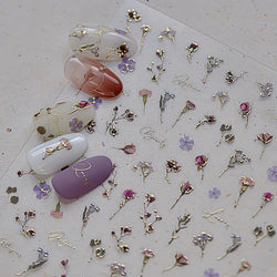 Dried Flowers Rose Butterfly Love Heart Golden Stroke Flying Crane Silver Adhesive Nail Art Stickers Rhinestone Manicure Decals (ONLINE ORDER ONLY)