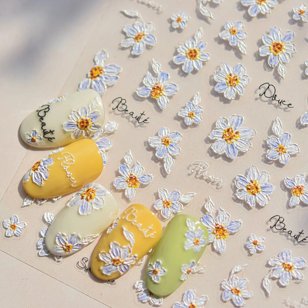 Flowers in Bloom Cosmos Chrysanthemum Daisy White Petal Yellow Stamen Self Adhesive Nail Art Decorations Sticker Manicure Decals (ONLINE ORDER ONLY)