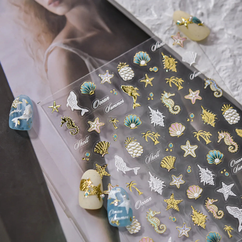 Hot Stamping Seahorse Dolphin Shell Conch Starfish Coconut Tree Jackfruit Water Bubbles Ocean Nail Art Stickers Manicure Decals (ONLINE ORDER ONLY)