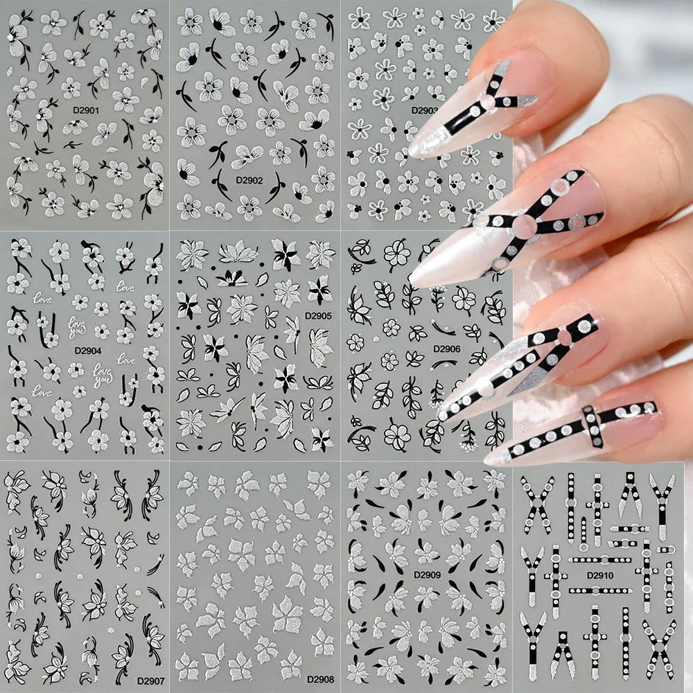 10pcs/Set Sparkling Silvery Floral Nail Art Stickers Self-Adhesive Glittery 5D Hibiscus & Cherry Blossom Decals for Manicure DIY (Online Order Only)