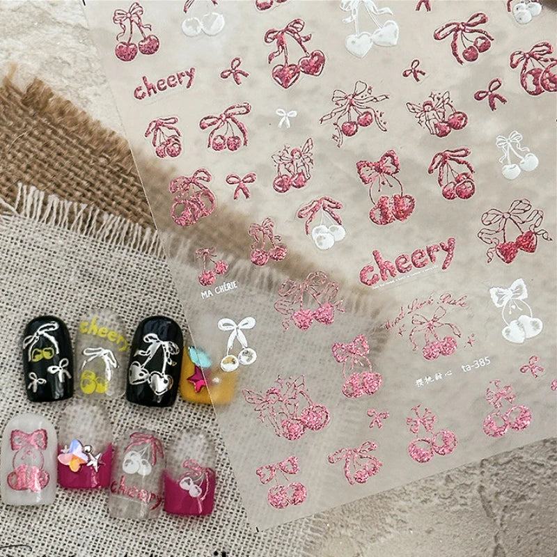 Colourful Cherry Abundant Fruits Bowknot Shiny White Line Outline Self Adhesive Nail Art Stickers Chic Rhinestone Manicure Decal (ONLINE ORDER ONLY)