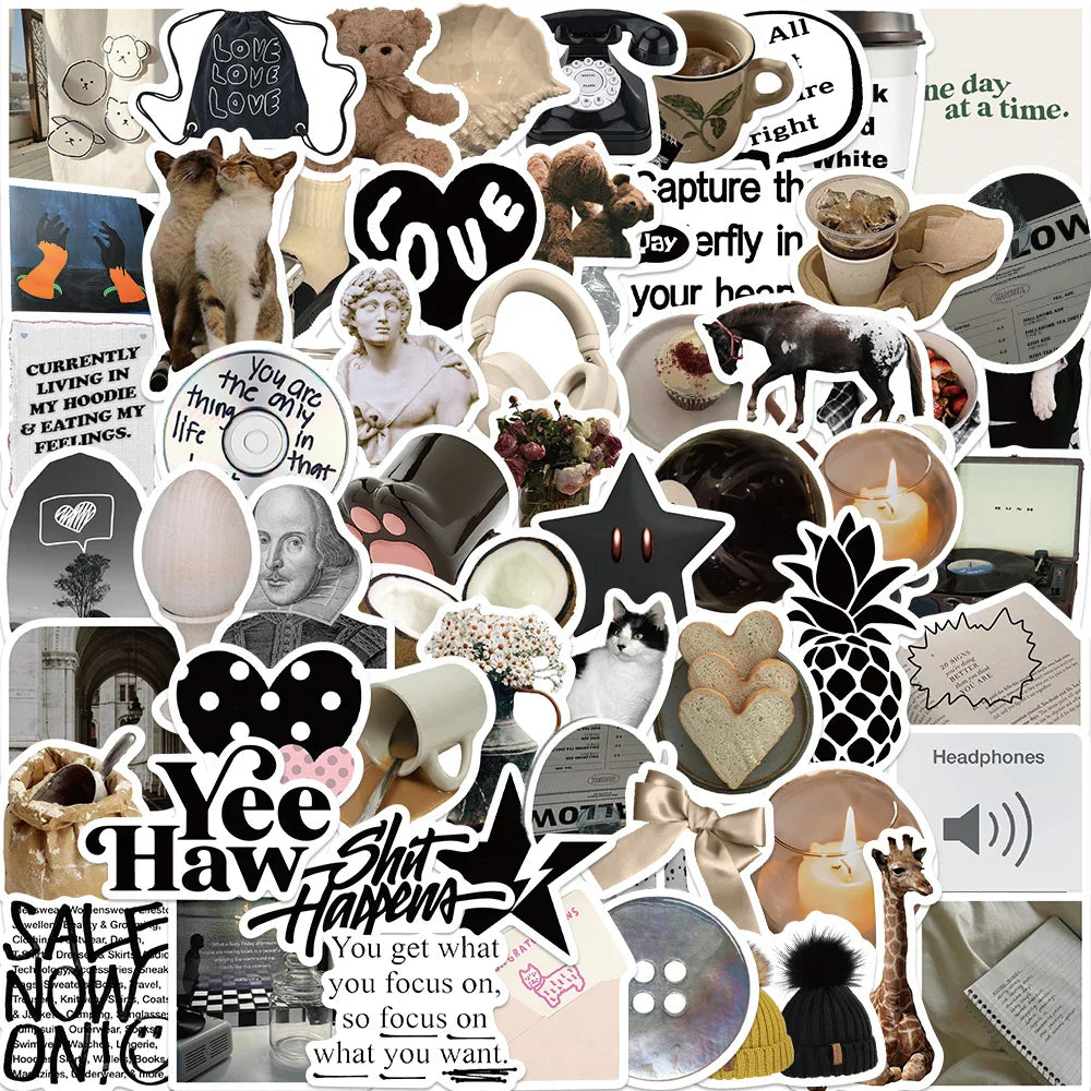 Black White Cute Stickers Cartoon Decal Laptop Phone Guitar Scrapbook 10/30/60pcs (ONLINE ORDER ONLY)