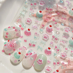 Lovely Green Pink Cherry Pudding Claw Paw Love Heart Bowknot Soft Embossed Reliefs Adhesive Nail Art Stickers Manicure Decals (ONLINE ORDER ONLY)