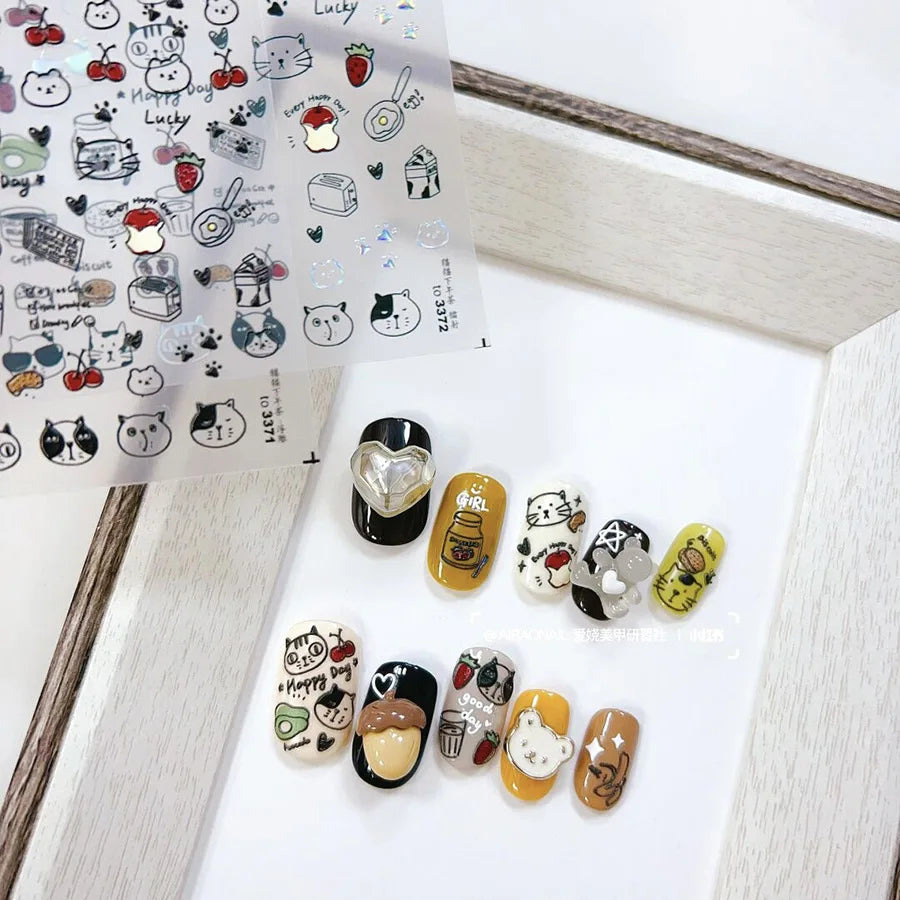 Line Cat Dog Bear Rabbit Chicken Animals Apple Cherry Cake Bowknot Butterfly Balloon Rainbow Nail Art Stickers Manicure Decals (ONLINE ORDER ONLY)