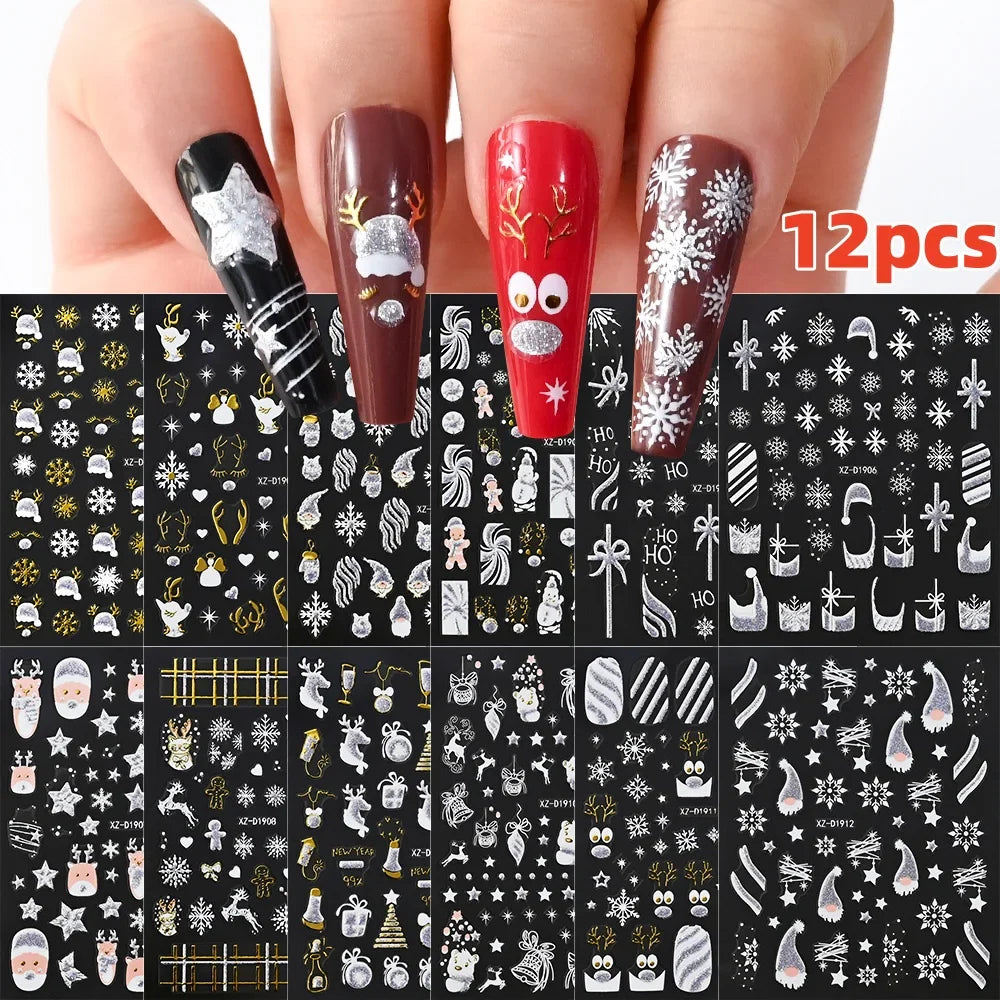 12Pcs 3D Golden Red Glitter Heart Love Nail Sticker Valentine Self Adhesive Cartoon Decal Geometry Lines Stripe Slider Manicure* (ONLINE ORDER ONLY)