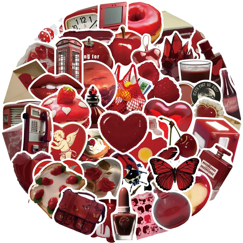50PCS Red Vintage Waterproof Stickers for Luggage, Laptop, Guitar, Phone Case (Online Order Only)