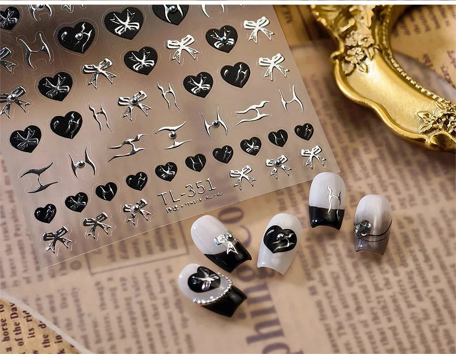 Black Silver Bowknot Love Heart Lace Irregular Line Lava Chic Self Adhesive Nail Art Stickers Embossed Reliefs Manicure Decals (Online Order Only)