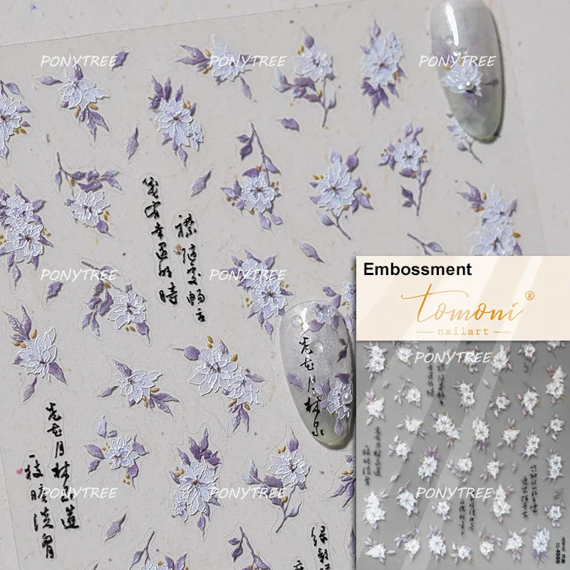 Trumpet Creeper White Flower Purple Leaves Antique Special Characters 5D Soft Relief Adhesive Nail Art Stickers Manicure Decals (ONLINE ORDER ONLY)