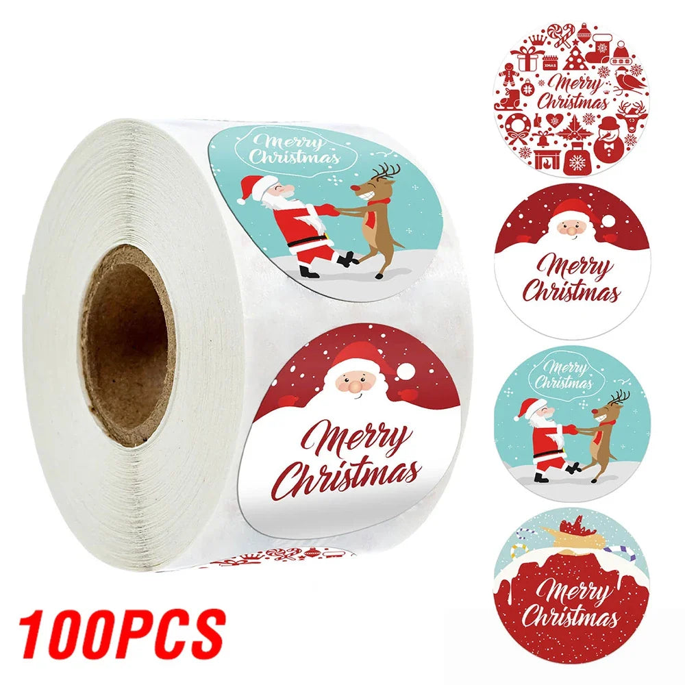 100-500pcs Merry Christmas Sticker , Round Adhesive Decoration Sticker for Cards Envelope Seal Xmas Gift Wraps Box Bags (ONLINE ORDER ONLY)