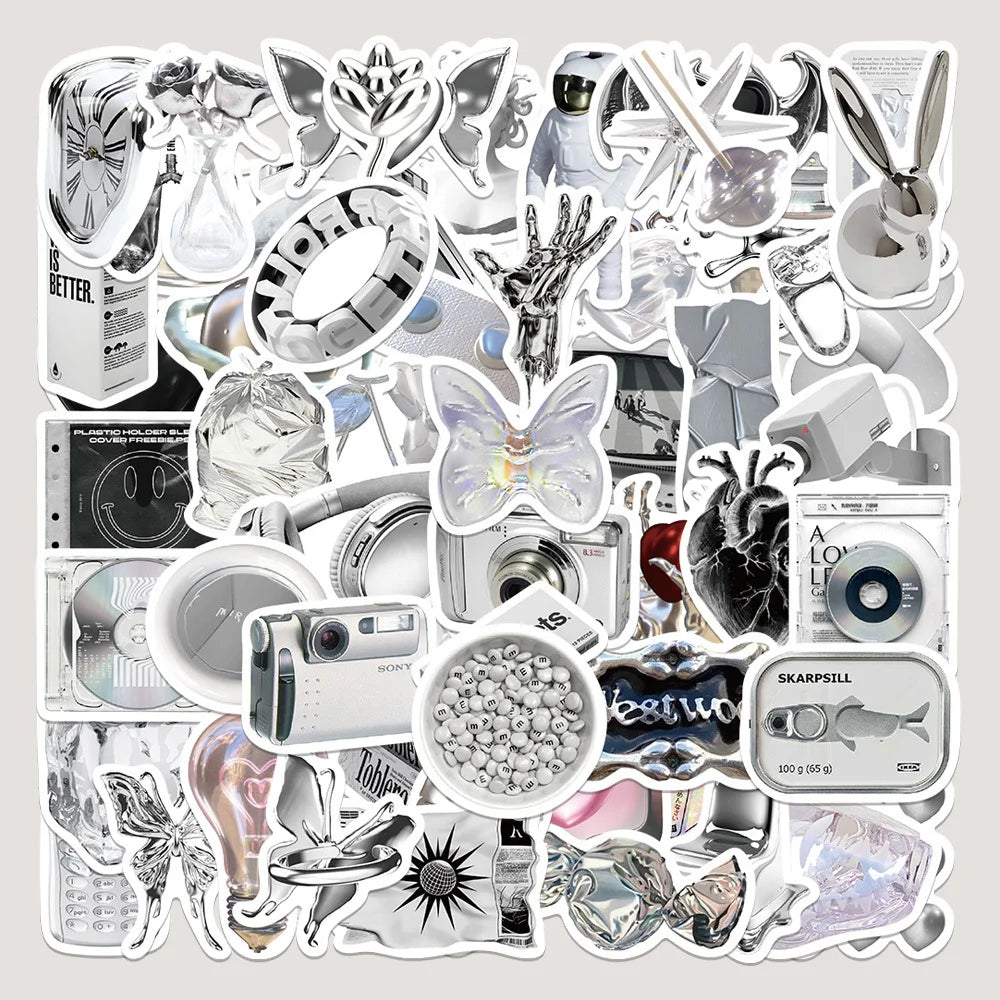 66pcs Minimalist Silver Graffiti Stickers for Helmet, Desktop, Wall Decoration, DIY Wholesale (ONLINE ORDER ONLY)