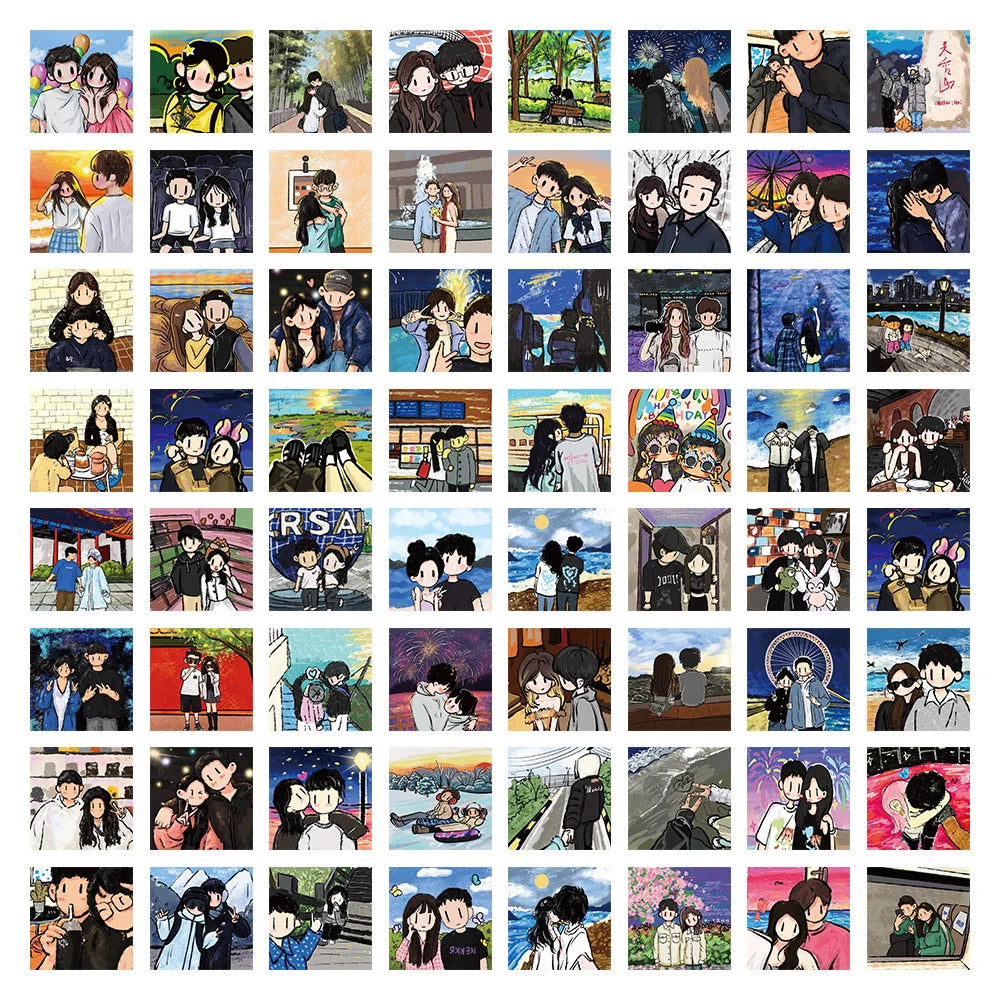 Oil Painting Cartoon Couple Stickers for Phone Laptop Luggage Skateboard Kids (Online Order Only)