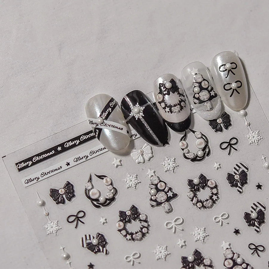 Black White Christmas Tree Snowflake Bowknot Snowman Socks Star Santa Hat Deer Rhinestone Winter Nail Art Sticker Manicure Decal (Online Order Only)