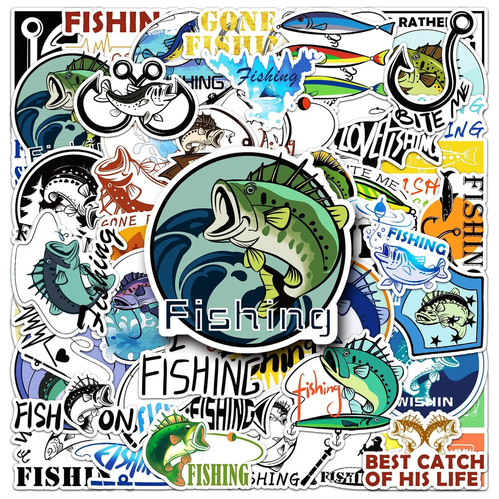 50Pcs Fishing Cartoon Waterproof Vinyl Stickers for Skateboard Snowboard (Online Order Only)