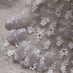 Wet Garden White Flower Leaves Elegant Beautiful Petal Delicate 5D 3D Charming Spring Adhesive Nail Art Stickers Manicure Decals (ONLINE ORDER ONLY)