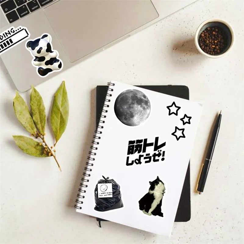 10/30/50PCS INS Black White Sketchbook Sticker Aesthetic PVC Children's Laptop School Stationery Scrapbooking Supplies for Kids (ONLINE ORDER ONLY)