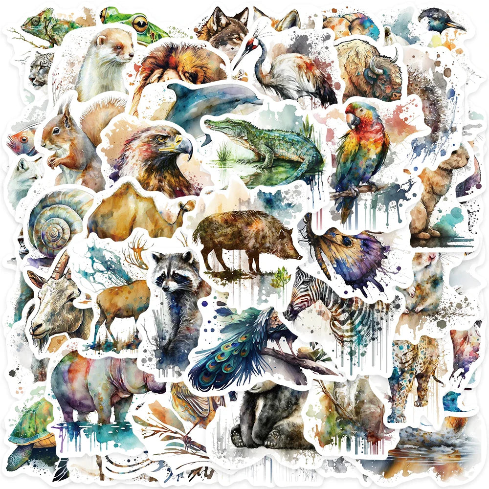50pcs Aesthetic Watercolor Painting Animals Stickers For Laptop Water Bottle Luggage Guitar Waterproof Graffiti Vinyl Decals (ONLINE ORDER ONLY)