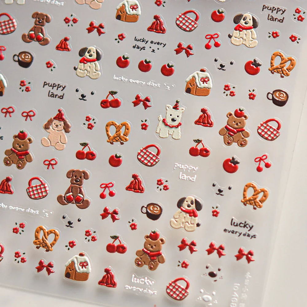 Cute Bowknot Dog Puppy Bear Strawberry Cake Fruit Juice Coffee Desserts Corgi Cherry Adhesive Nail Art Stickers Manicure Decals (ONLINE ORDER ONLY)