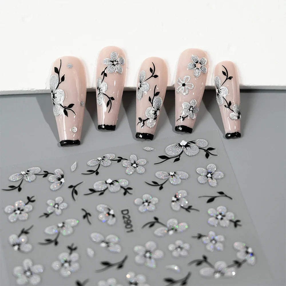 10pcs/Set Sparkling Silvery Floral Nail Art Stickers Self-Adhesive Glittery 5D Hibiscus & Cherry Blossom Decals for Manicure DIY (Online Order Only)