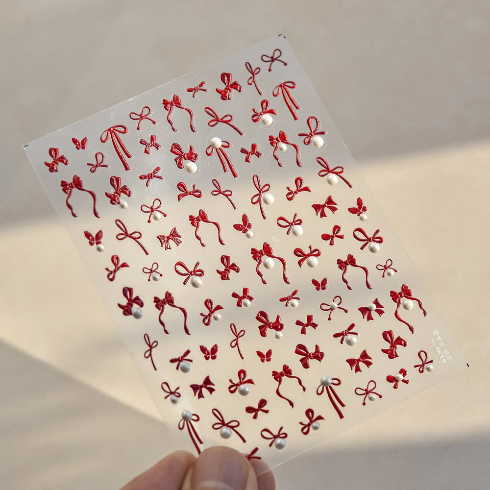 Simple Line Bowknot Red Gold Silver Laser Pink Hot Stamping 3D Self Adhesive Nail Art Stickers Pearl Rhinestone Manicure Decals (ONLINE ORDER ONLY)