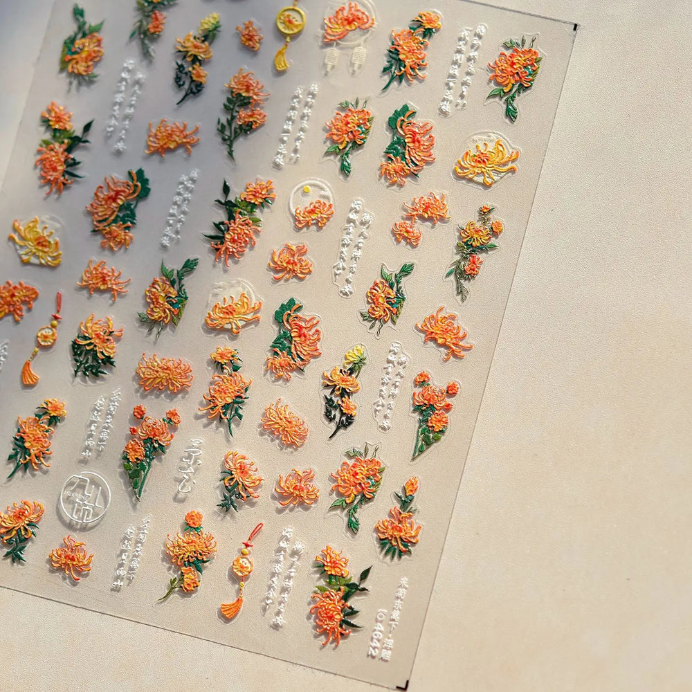 Antique Changle Flower Chrysanthemum Jade Pendant Feathers Green Leaf Adhesive Nail Art Stickers Flat Embossment Manicure Decals (Online Order Only)