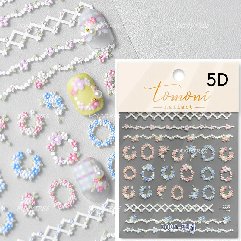 Colorful Dried Flowers Wreath Floral Plant Petal Bud Garden Charming 5D Reliefs Self Adhesive Nail Art Stickers Manicure Decals (Online Order Only)
