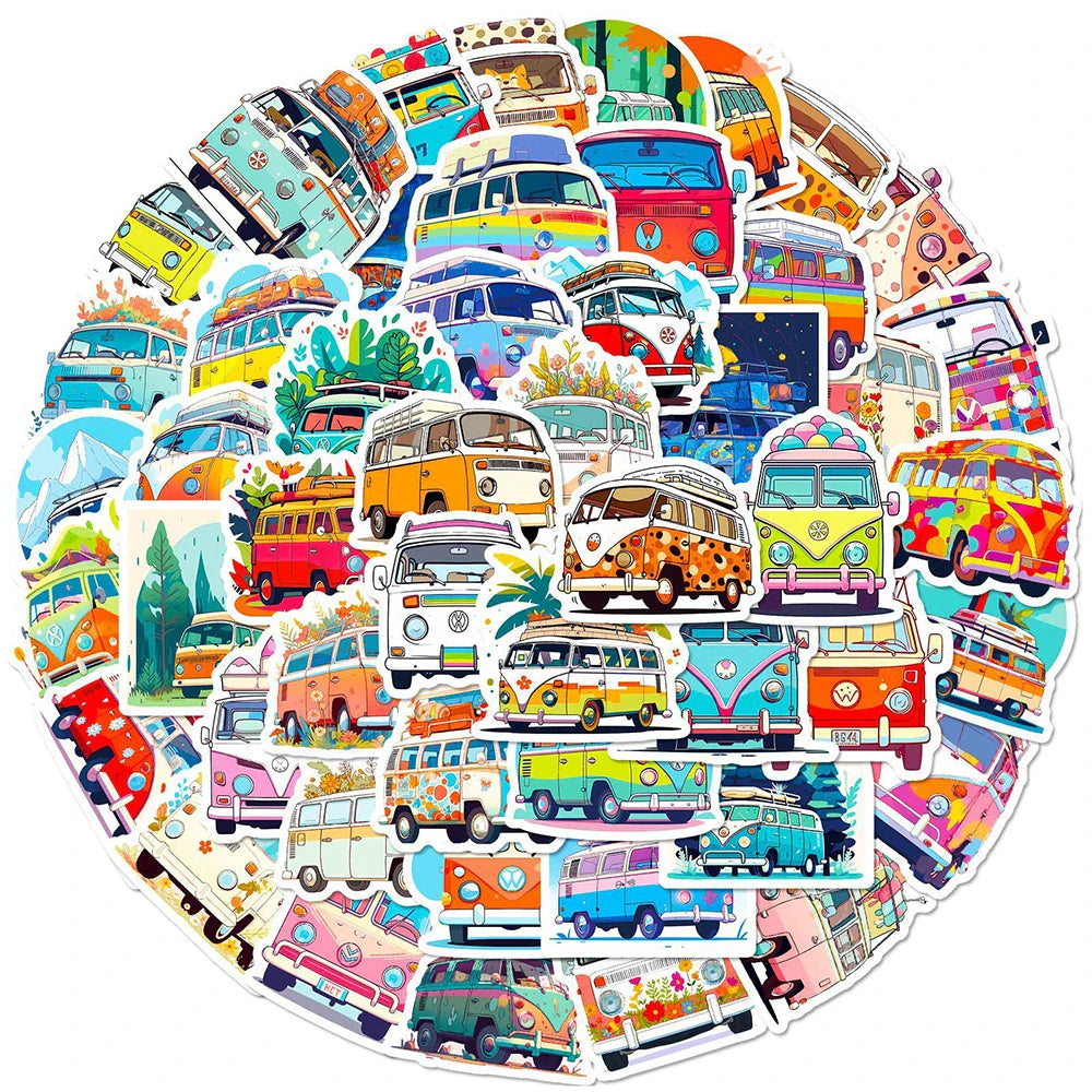 Hippie Bus Cartoon Stickers Pack - DIY Phone Laptop Suitcase Decor (Online Order Only)