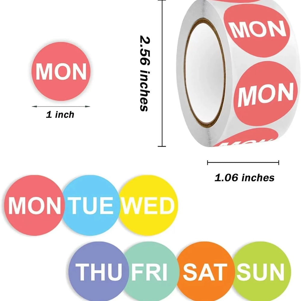 500Pcs/1 Rolls 2.5cm Packaging Weekly Stickers English Color Date From Monday to Sunday Stationery Sticker (ONLINE ORDER ONLY)