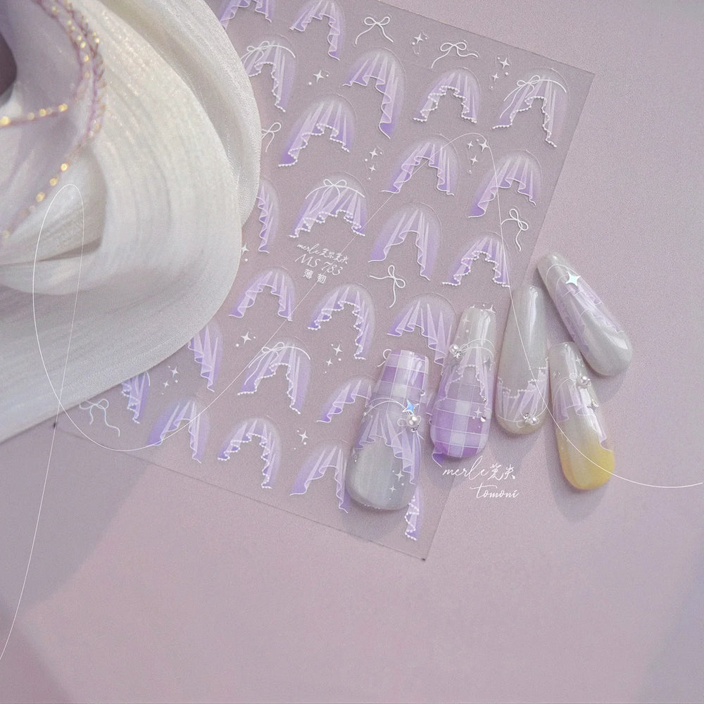 French Skirt Hem Halo Dyeing Purple Pink White Hemline Bowknot Wedding Veil Dreamy Star Adhesive Nail Art Sticker Manicure Decal (ONLINE ORDER ONLY)