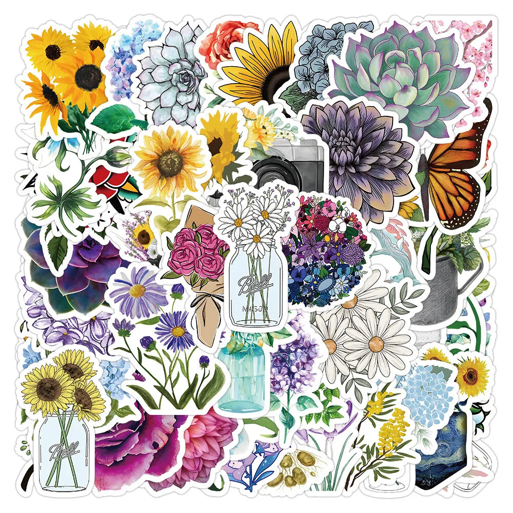 Fresh Flower Cartoon Stickers - 10/30/50PCS for DIY, Scrapbook, Laptop, Bike, Skateboard (Online Order Only)