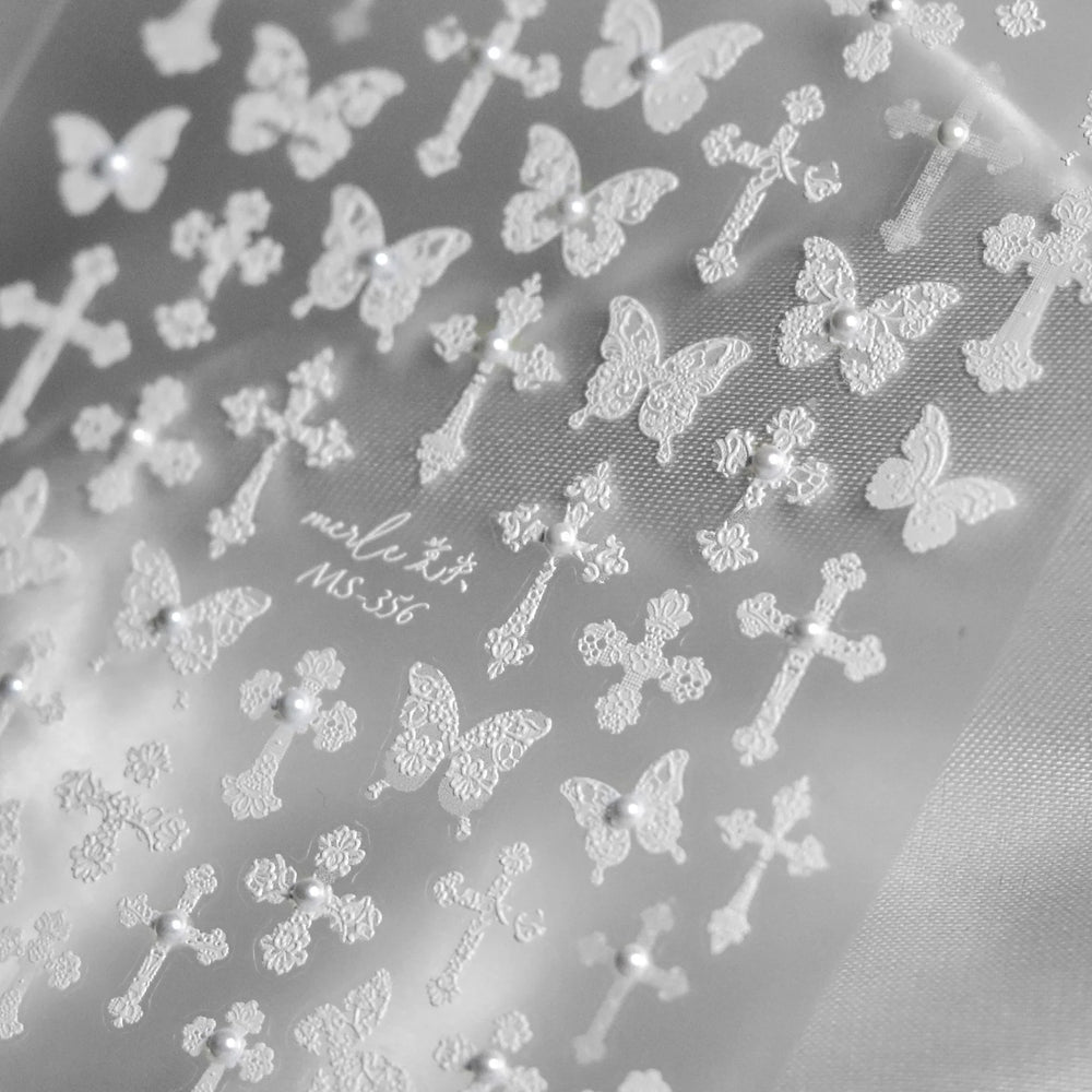 Black White Pearl Lace Butterfly Cross Retro Figure Flower Symmetric Self Adhesive Nail Art Stickers  Manicure Decals Wholesale (ONLINE ORDER ONLY)