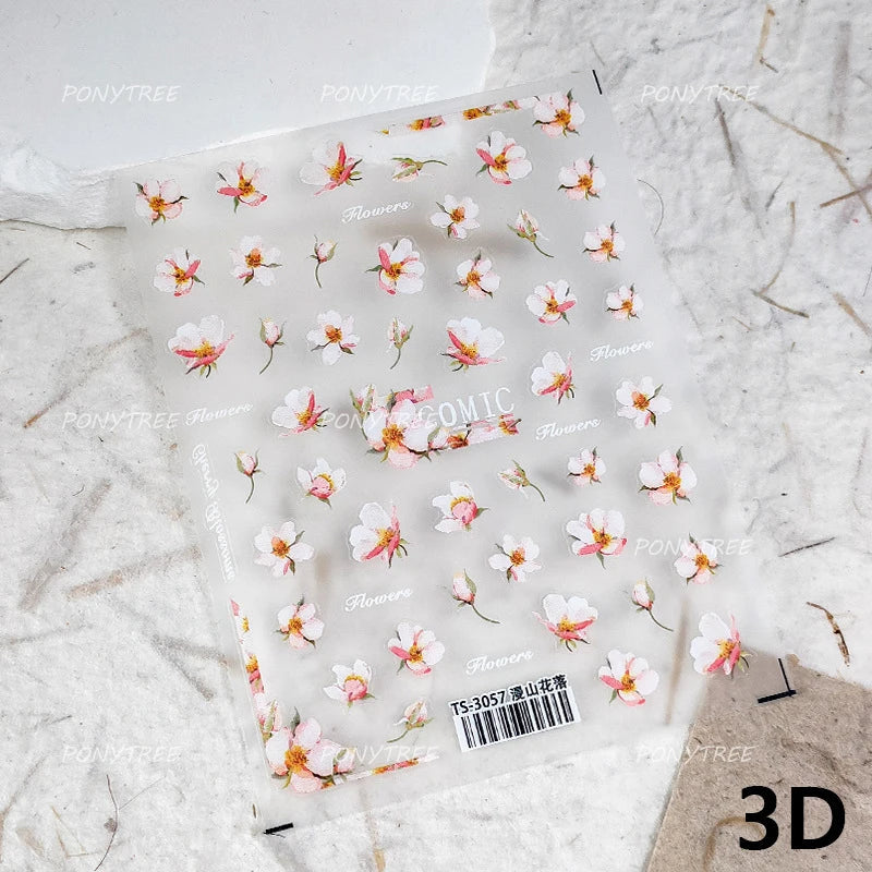 Translucent White White Pink Magnolia Rose Flower Floral Soft Embossed Relief Adhesive Nail Art Stickers Chic 3D Manicure Decals (ONLINE ORDER ONLY)