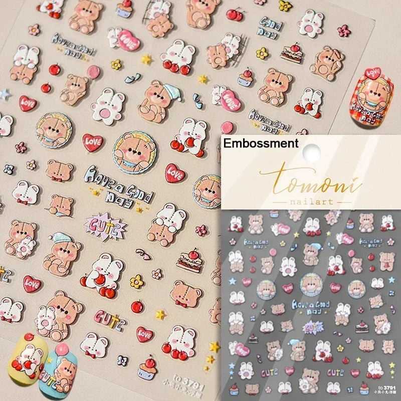 Bowknot Dog puppy Christmas Hat Strawberry Cake Food Coffee Cherry Love Heart Adhesive Nail Art Sticker Reliefs Manicure Decals (Online Order Only)