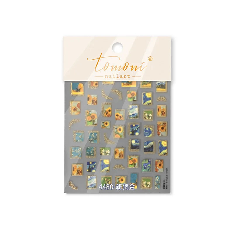 Hot Stamping Colourful Sunflower Starry Night Impressionism Embossment Adhesive Nail Art Sticker Shiny Rhinestone Manicure Decal (Online Order Only)