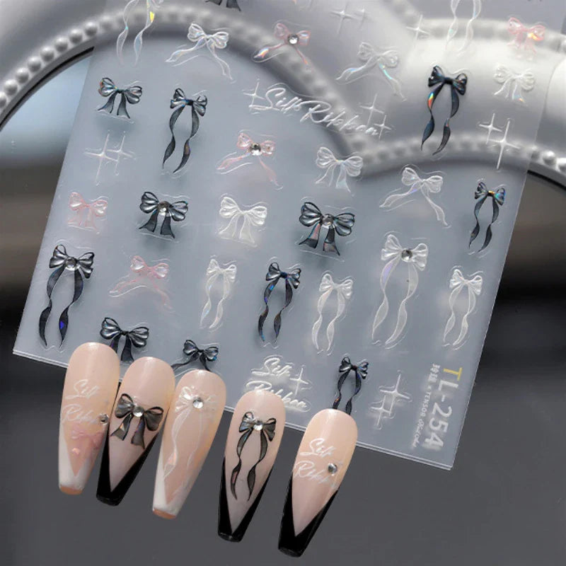 White Black Pink Bowknot Lace Star Pearl Tassel Pendant Shiny 5D Embossed Relief Self Adhesive Nail Art Stickers Manicure Decals (ONLINE ORDER ONLY)