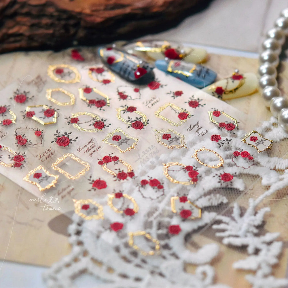 Metal Effect Rose Flower Pattern Totem Photo Frame Self Adhesive Nail Art Sticker Romantic Chic Wreath Rhinestone Manicure Decal (Online Order Only)