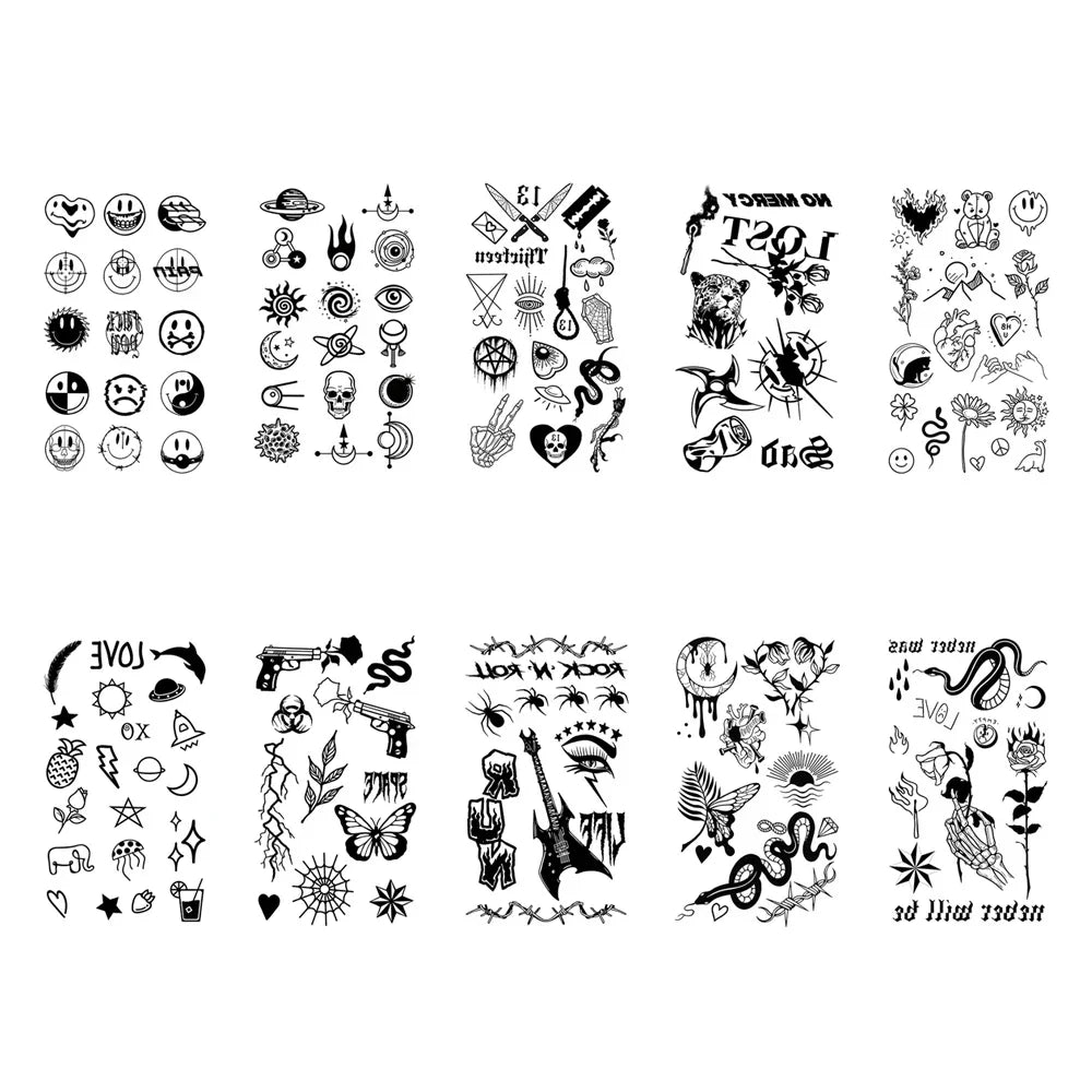 10pcs Waterproof Temporary Tattoo Sticker Dark Small Symbol Emoticon Flower Skull Body Art Arm Fake Tattoos Women Men Neck Hand (Online Order Only)